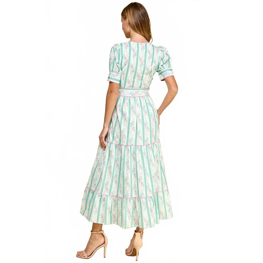 NEW TCEC puff sleeve midi dress in pastel floral stripe - Picture 2 of 5